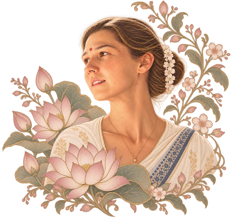 Illustrated portrait of Dr. Sugata Duygu Akartuna among lotus flowers