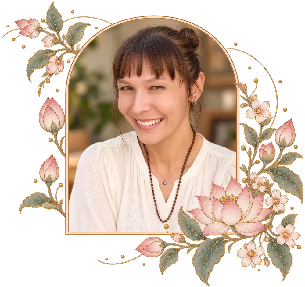 Portrait of Dr. Sugata Duygu Akartuna in a lotus-framed arch