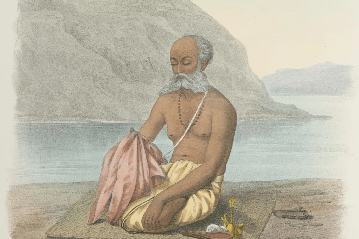 Nehir kıyısında hasır üzerinde oturmuş, elini ve mālāsını bir bezin altında tutarak japa yapan yaşlı bir brahman; 1851 tarihli renkli taşbaskı