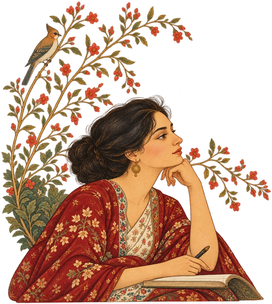 Illustration of a woman in thought over an open notebook, pen in hand, beneath a flowering branch with a bird