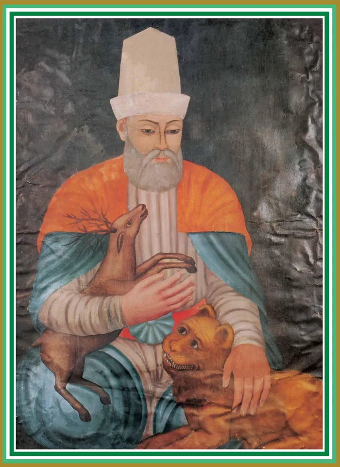Bir kolunda ceylan, diğerinde aslan tutan Hacı Bektaş Veli tasviri