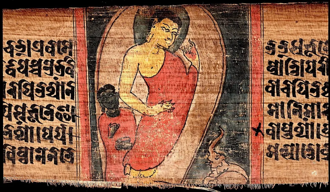 Palmiye yaprağı el yazmasında, Buddha ve önünde sakinleşen fil Nālāgiri